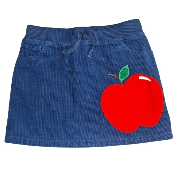 Mini Boden Other - Mini Boden Blue Corduroy Skirt Apple Patch Drawstring Back Pockets Girls 7 / 8